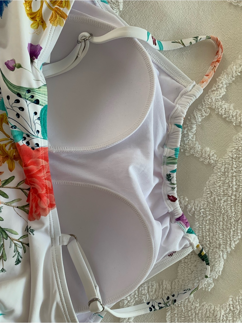 NWT Jantzen Swimsuit: 1-Piece White/Teal Multicolor Floral Top, Ruched Center 12 - Picture 9 of 15
